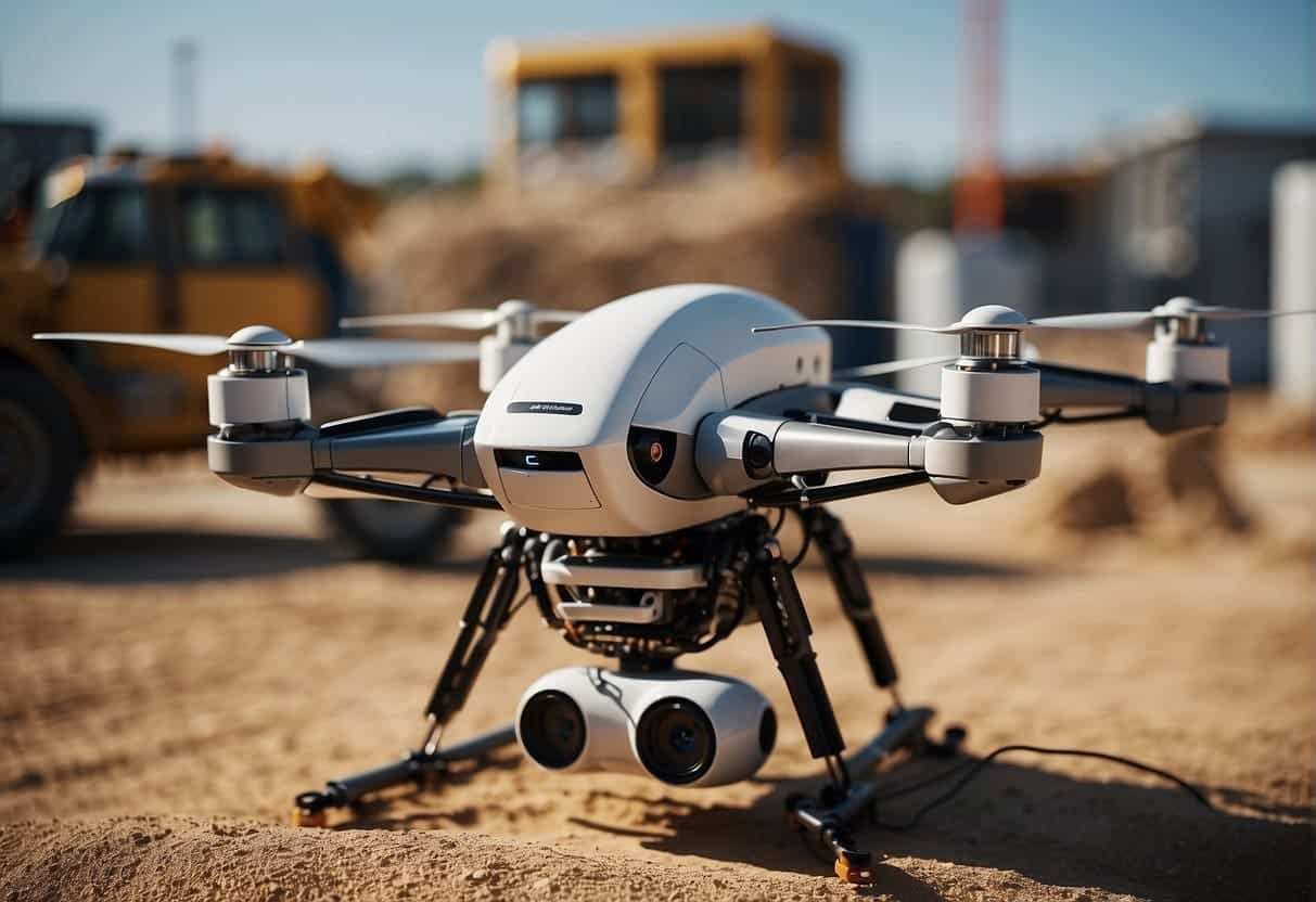 AI technology transforming construction: robots and drones working on site, while smart sensors monitor progress