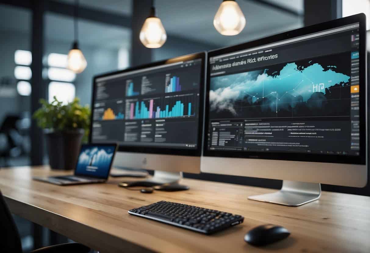 An office setting with a computer screen displaying cloud services for HR and recruitment, alongside another screen showcasing Adobe Creative Cloud for SMEs