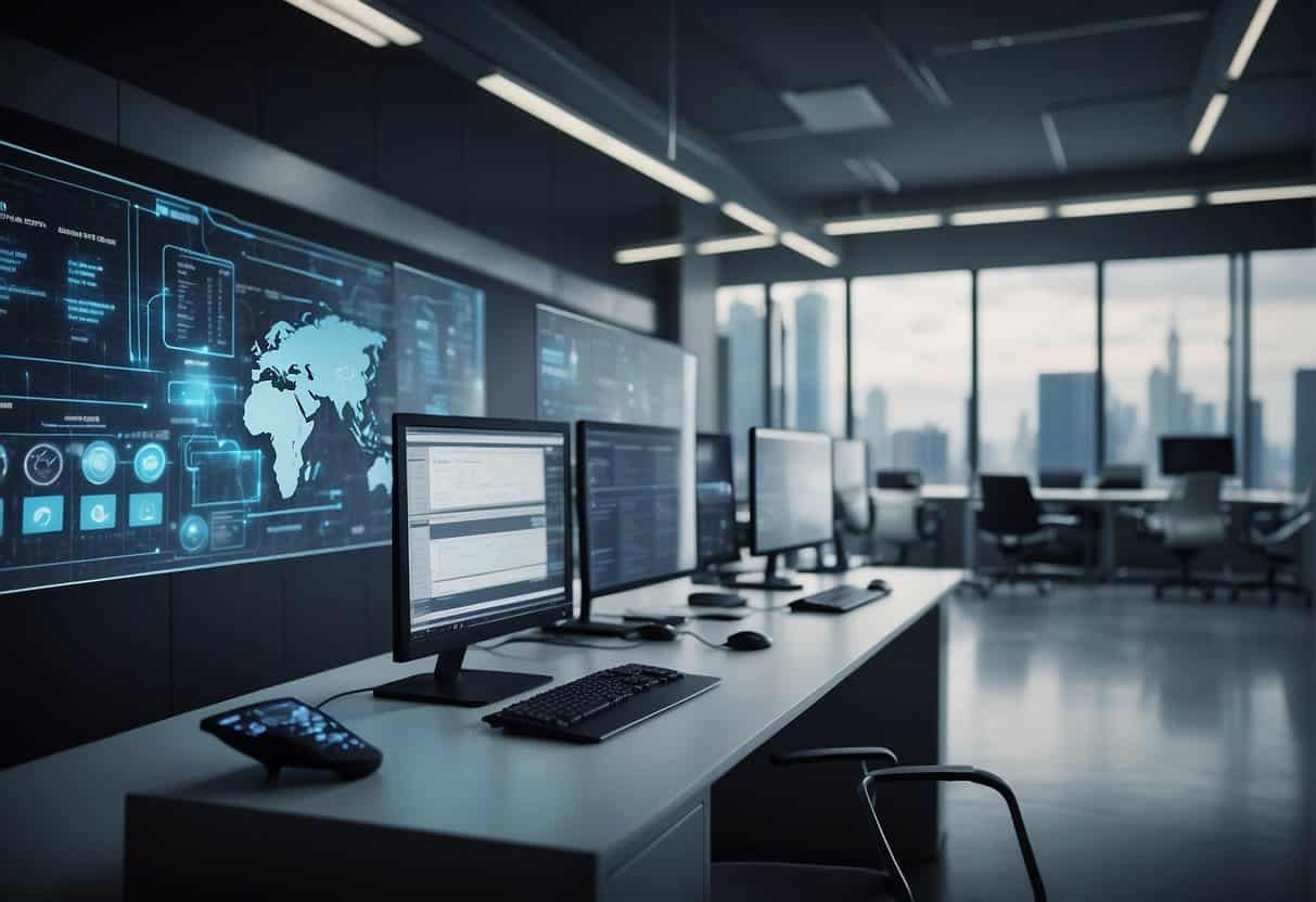 AI applications streamline processes in a futuristic office setting, with data flowing seamlessly between machines and systems. Opportunities and challenges are visually represented through interconnected technology