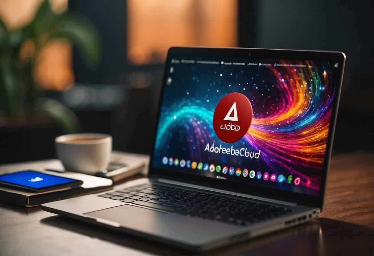 A laptop displaying Adobe Creative Cloud with social media content. SME logo in the background. Bright colors and modern design