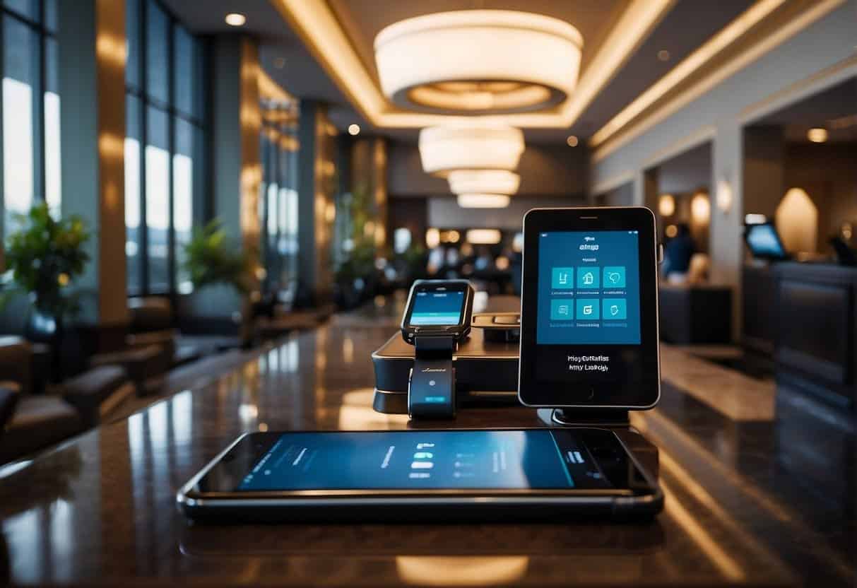 A hotel lobby with mobile devices seamlessly integrated into the check-in process, AI-powered virtual assistants aiding guests, and smart technology optimizing operations