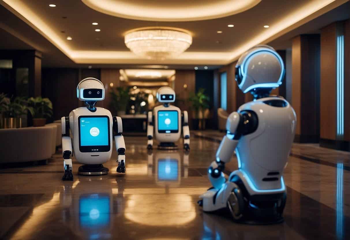 AI robots serving guests in a futuristic hotel lobby, analyzing data to personalize experiences and gain a competitive edge in hospitality