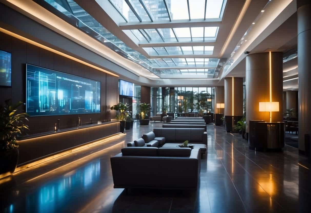 A futuristic hotel lobby with holographic displays showing real-time data analysis. AI algorithms processing guest preferences and optimizing operations for competitive advantage