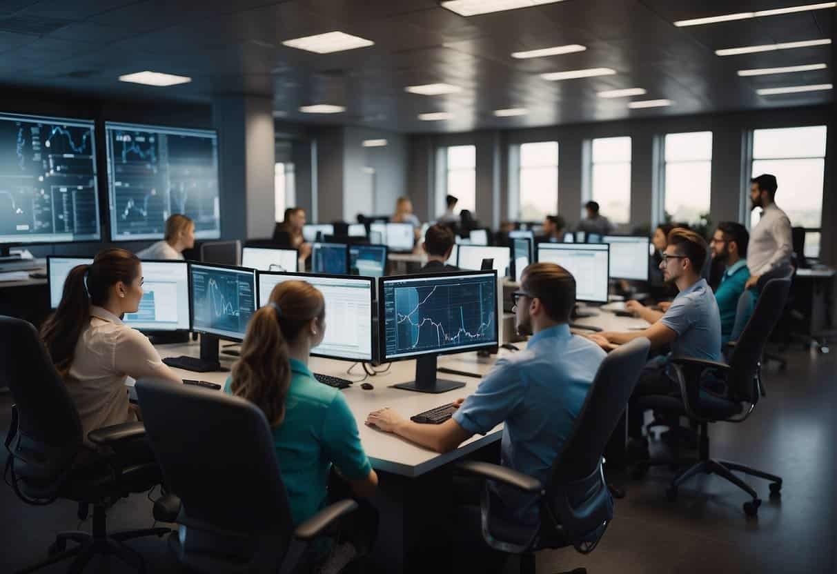 Employees at computer stations, learning AI skills from trainers. Charts and diagrams on the walls. A collaborative and focused atmosphere