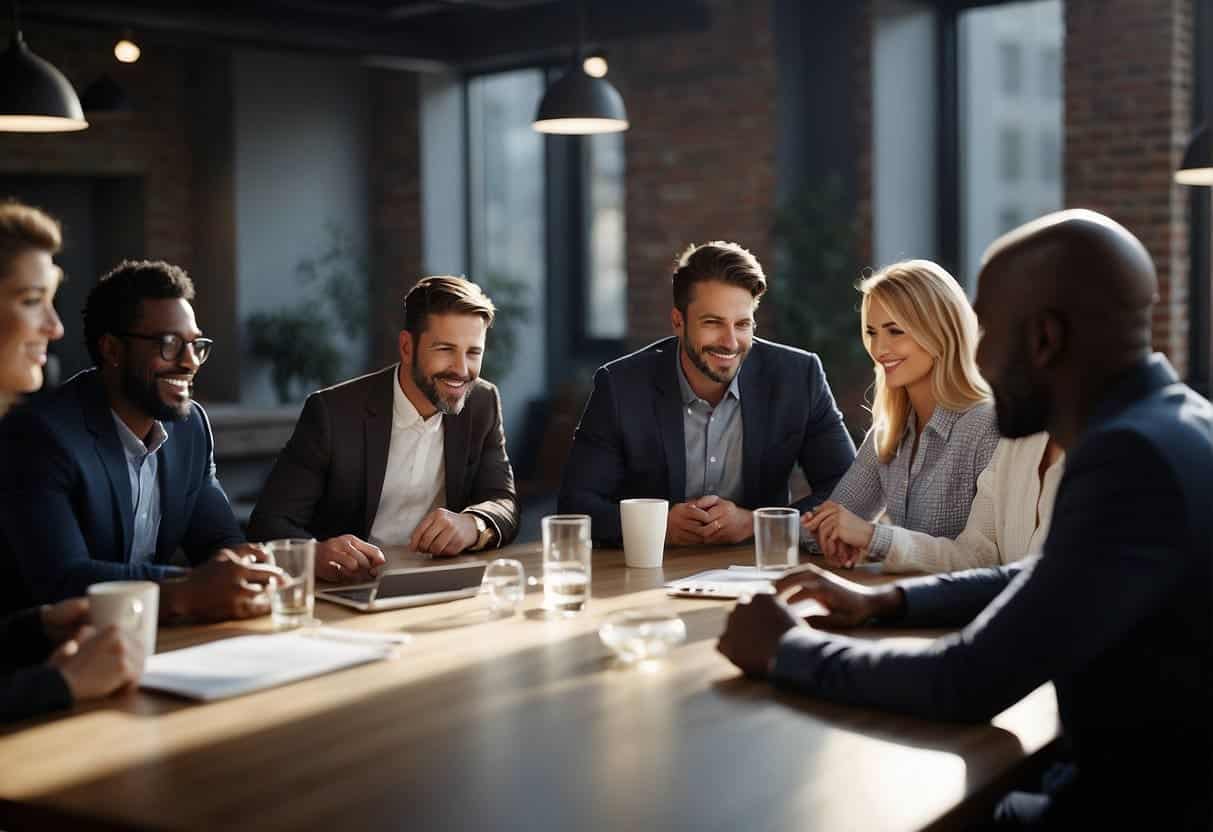 A group of diverse individuals gather around a table, brainstorming and collaborating on innovative ideas to adapt to the AI revolution. Technology and teamwork are emphasized in the scene