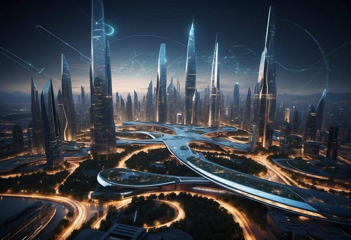 A futuristic cityscape with advanced buildings and interconnected networks, showcasing the integration of AI technology into everyday operations
