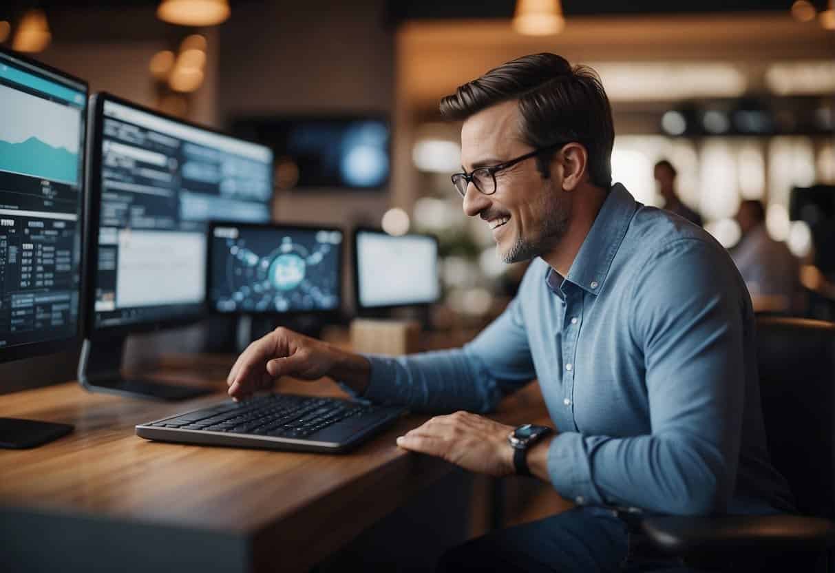 A small business owner interacts with AI technology, improving customer experience