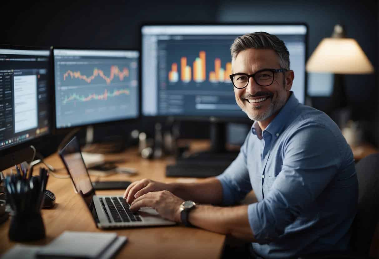 A small business owner sits at a desk, surrounded by AI tools and charts. They smile as they review financial insights and cost savings data on their computer screen