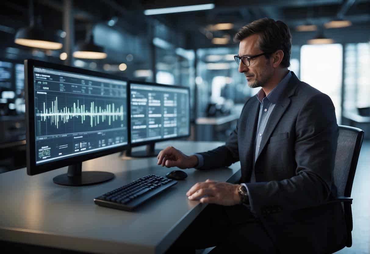 A small business owner interacts with AI technology, analyzing data and making strategic decisions for future success