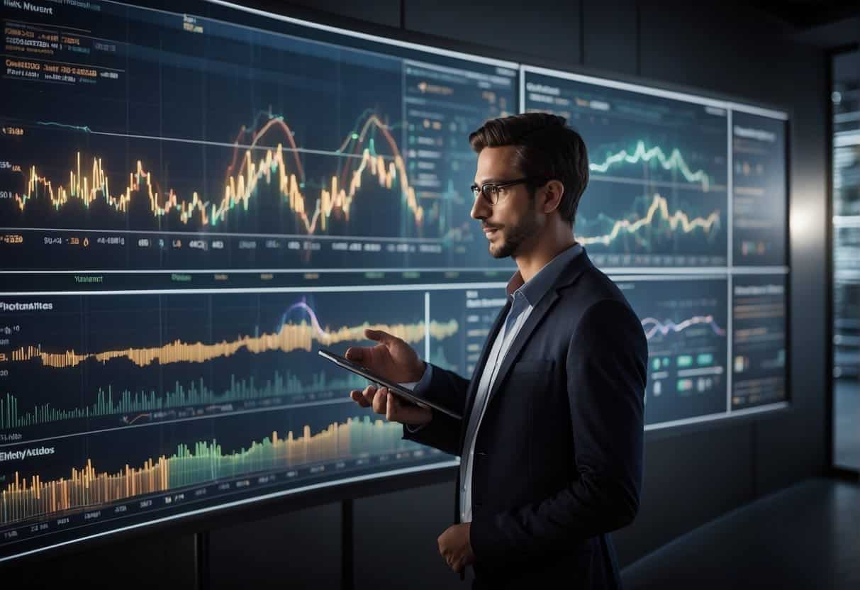 A small business owner interacts with AI software, optimizing operations. Data charts and graphs display increased efficiency