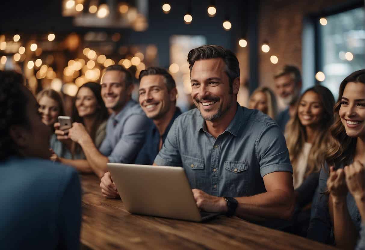 An AI-enabled small business owner celebrates success with a group of happy customers, surrounded by innovative technology and glowing testimonials