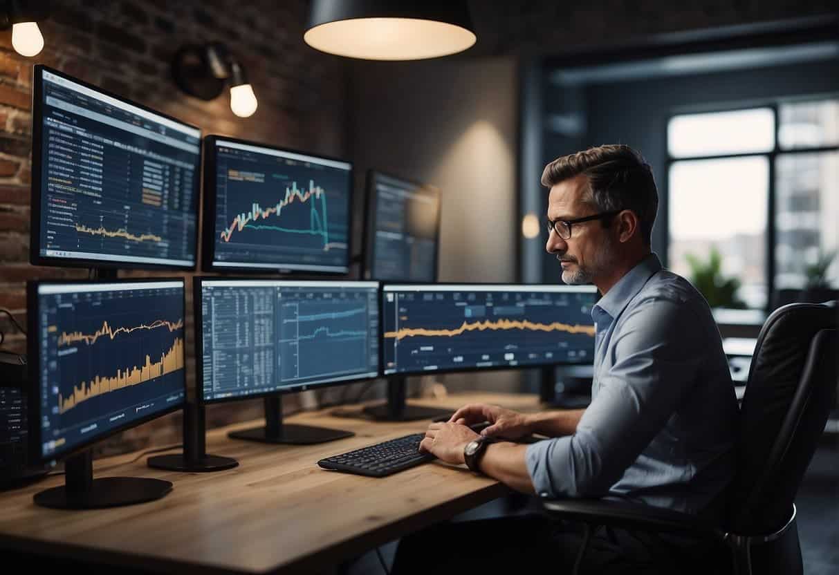 A small business owner uses AI to streamline operations, with charts and graphs showing increased efficiency and productivity