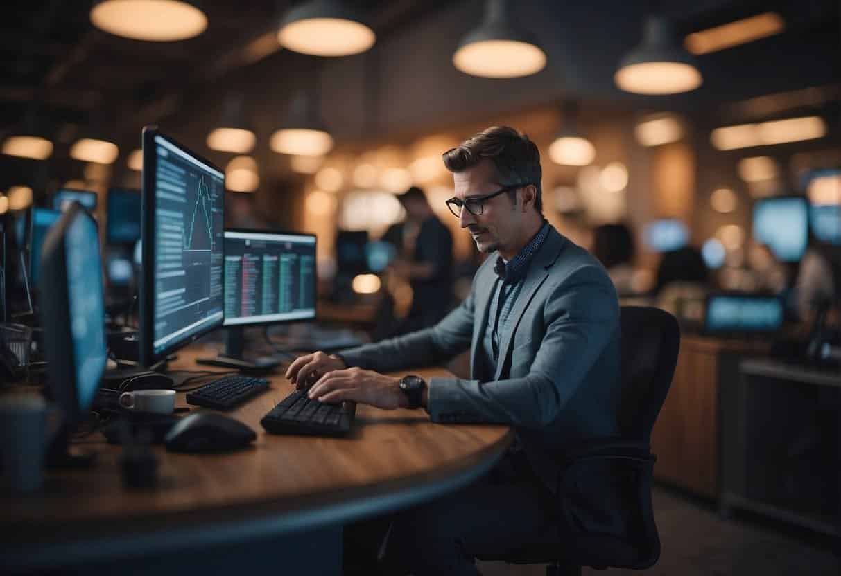 A small business owner navigates AI challenges, surrounded by technology and data, symbolizing the future of work