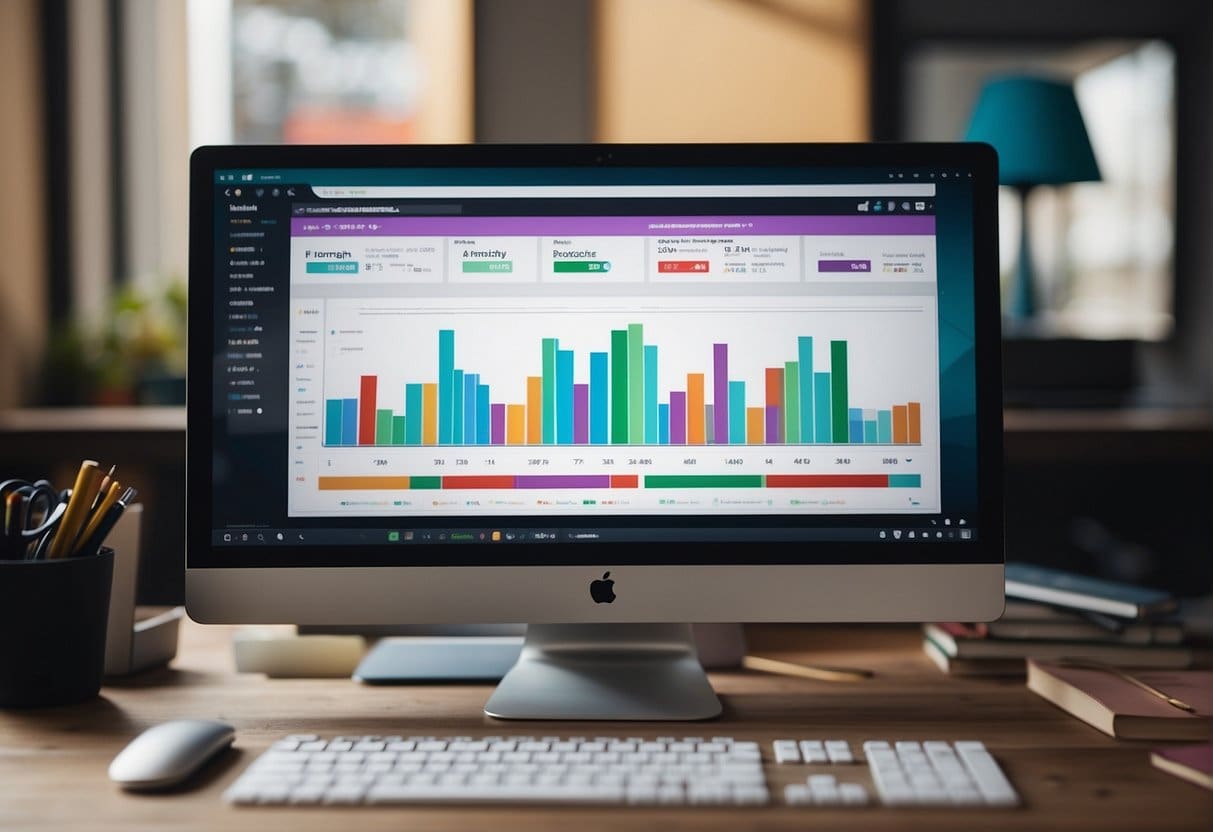 A computer screen displaying a colorful Airtable interface with graphs and charts, surrounded by a desk cluttered with design tools and notebooks