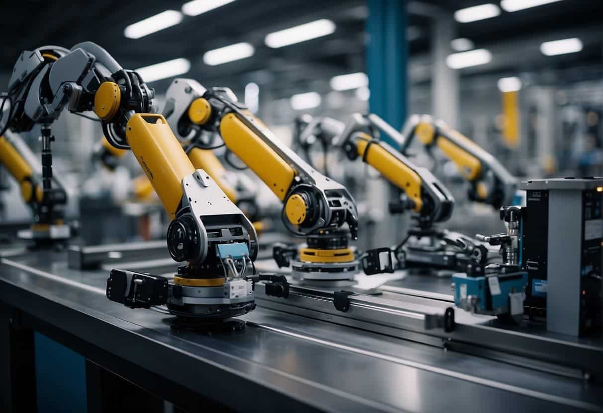 Robotic arms assembling products in a small business factory with AI monitoring processes and optimizing efficiency