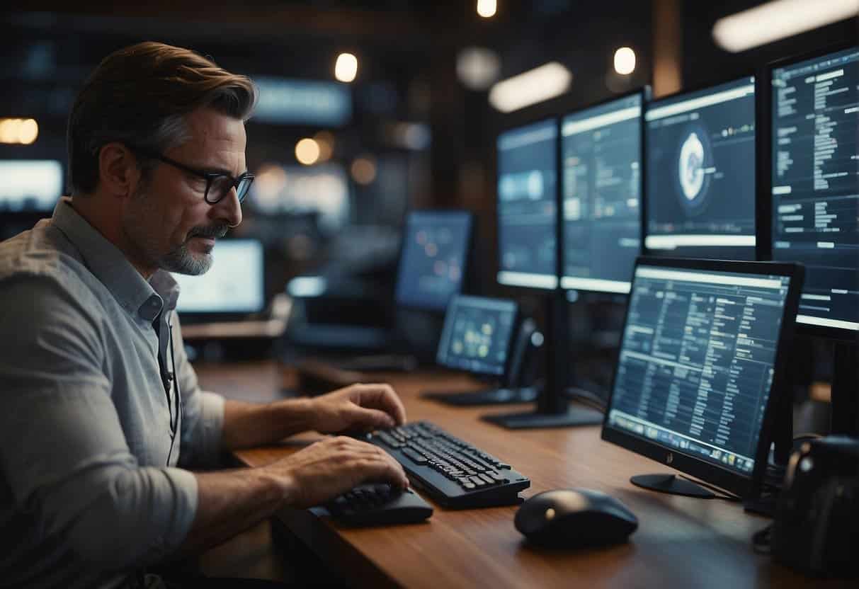 A small business owner interacts with AI tools, while considering ethical implications