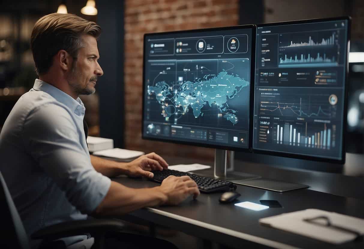 A small business owner interacts with AI technology, streamlining operations and increasing productivity