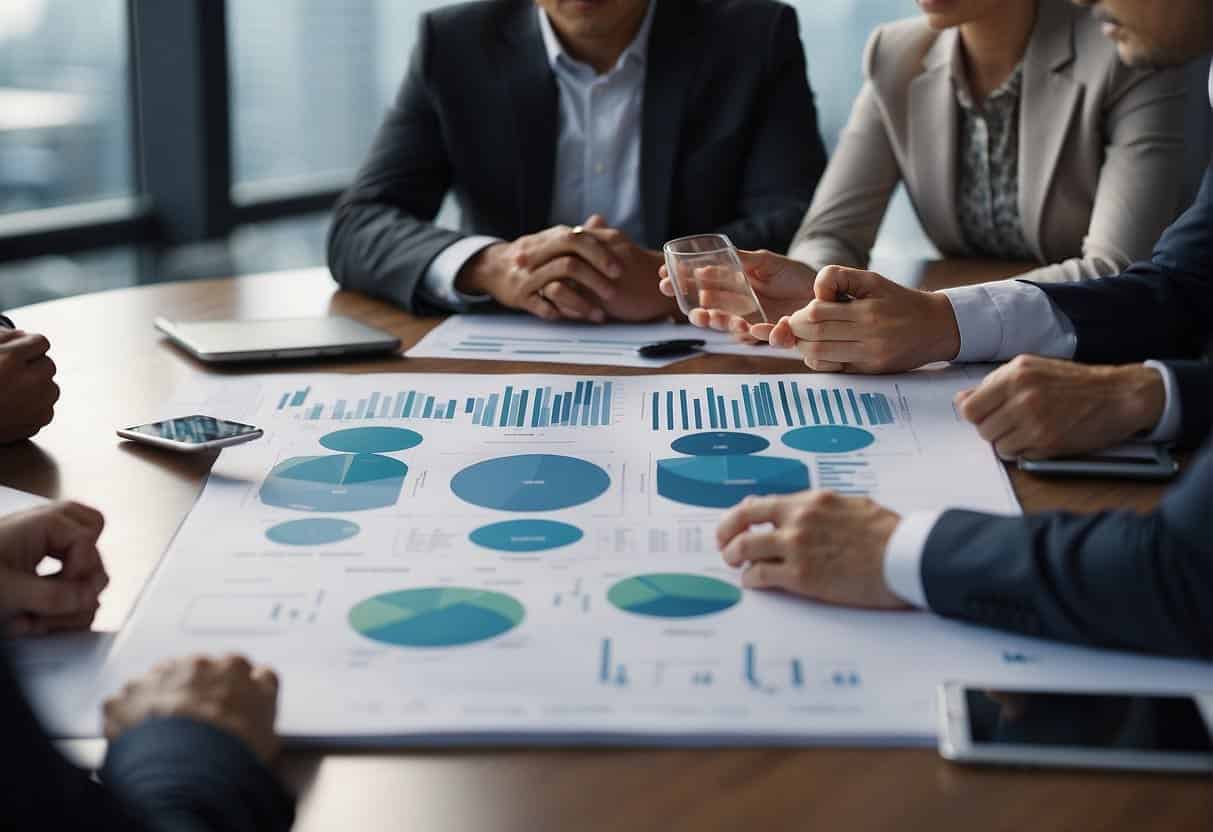 A group of business professionals discussing AI integrations, with charts and graphs on a conference table