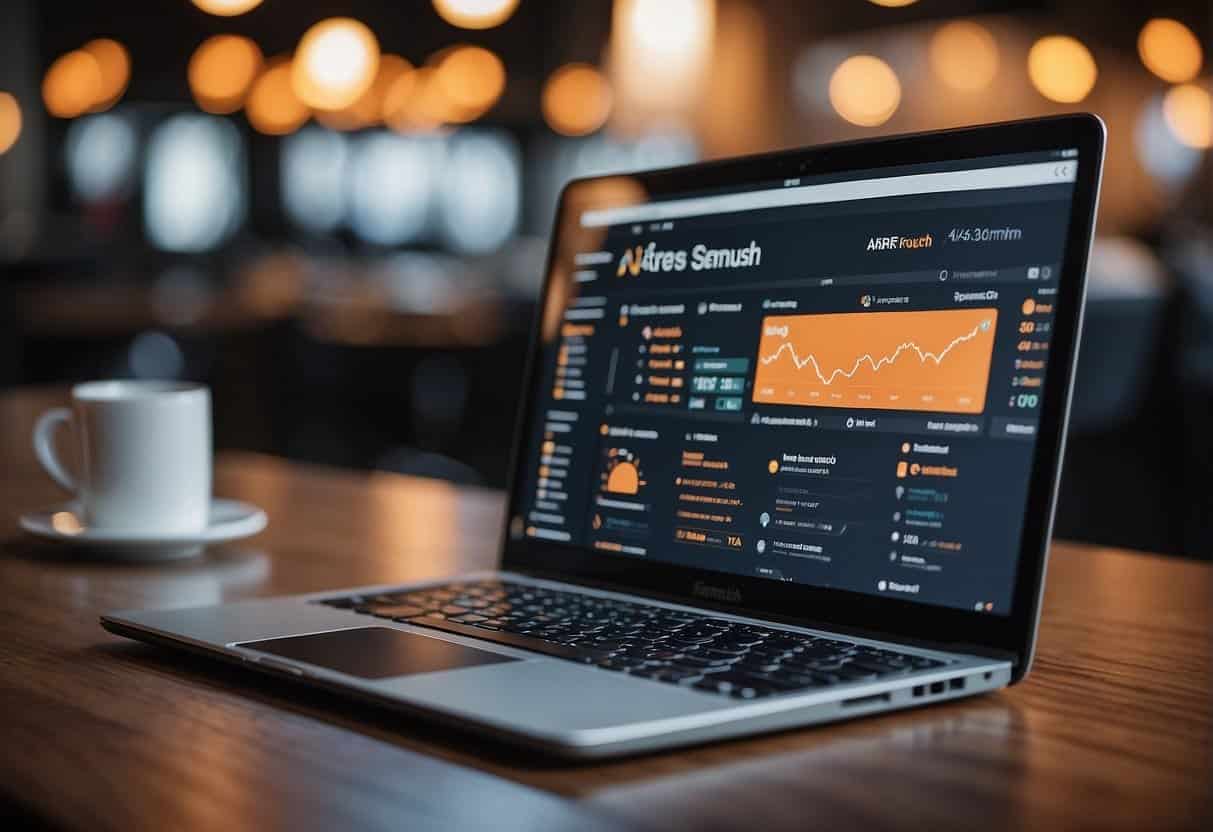 A laptop displaying Ahrefs and SEMrush interfaces side by side, with clear labels and simple navigation