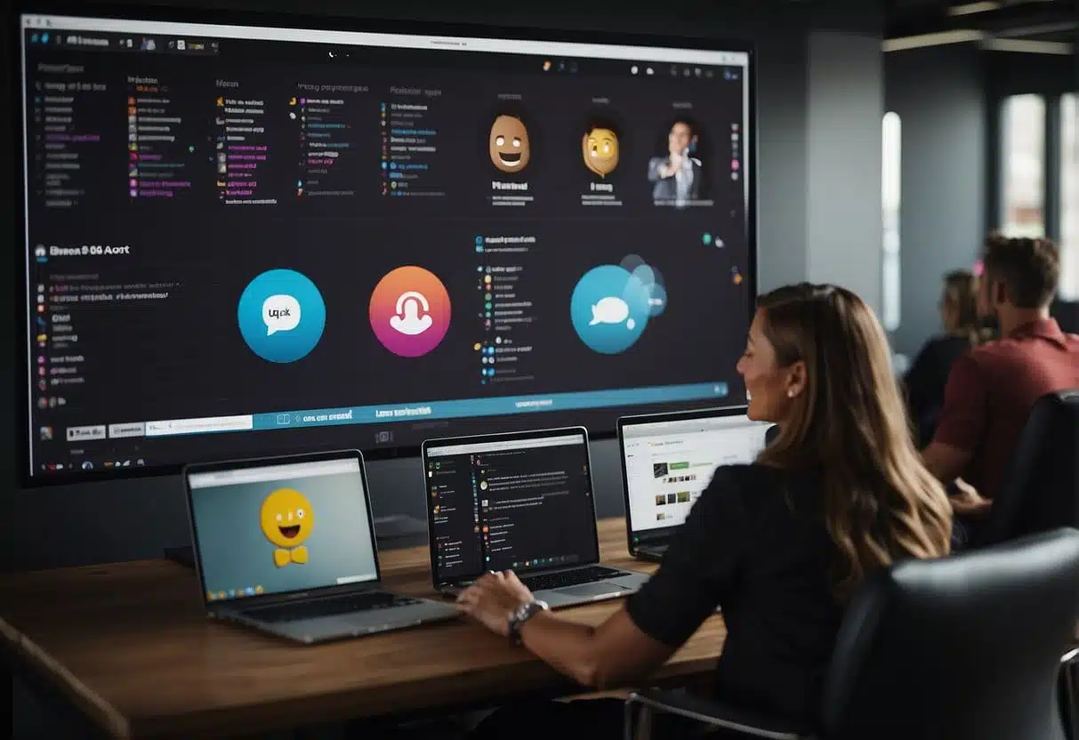 Team members use Slack features to communicate in a web design project. Chat bubbles, file sharing, and emoji reactions are visible on computer screens