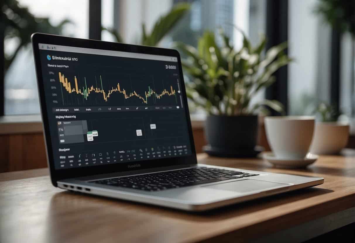 A laptop with Buffer and Hootsuite open, graphs showing social media performance, and a calendar scheduling automated posts