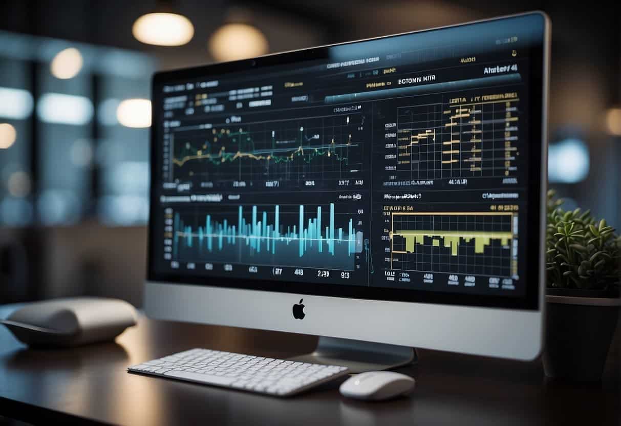 A computer screen displaying AI-generated marketing content. AI algorithms running in the background. Graphs and charts representing data analysis