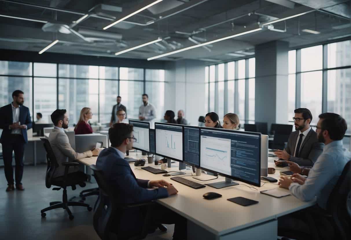 A bustling office with AI consultants collaborating, analyzing data, and presenting findings to a group of business executives
