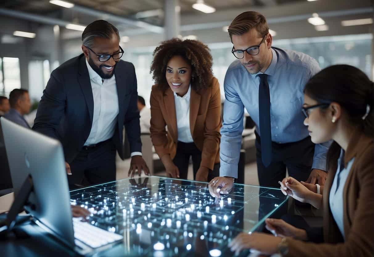 A group of diverse employees engage in collaborative problem-solving while AI technology seamlessly integrates into their workplace
