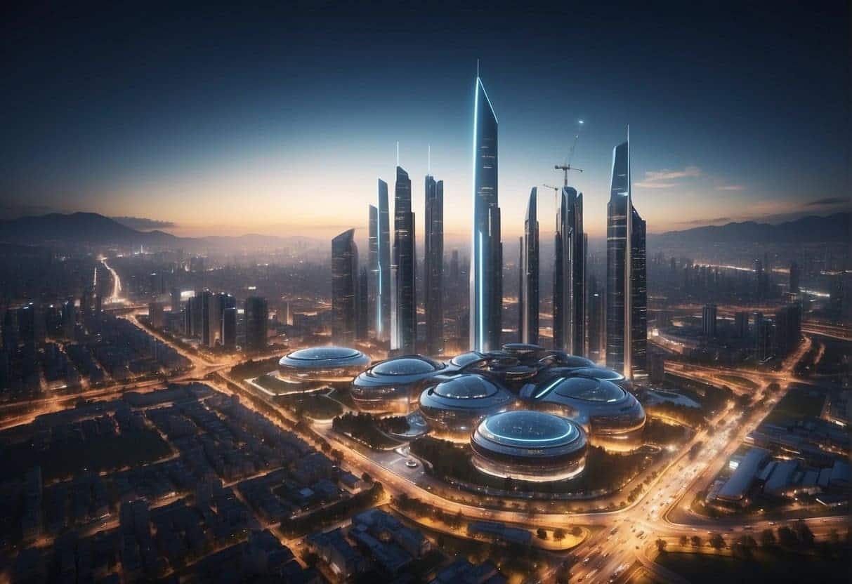 A futuristic city skyline with AI-powered drones and robots working in various industries, showcasing the impact of AI on different sectors