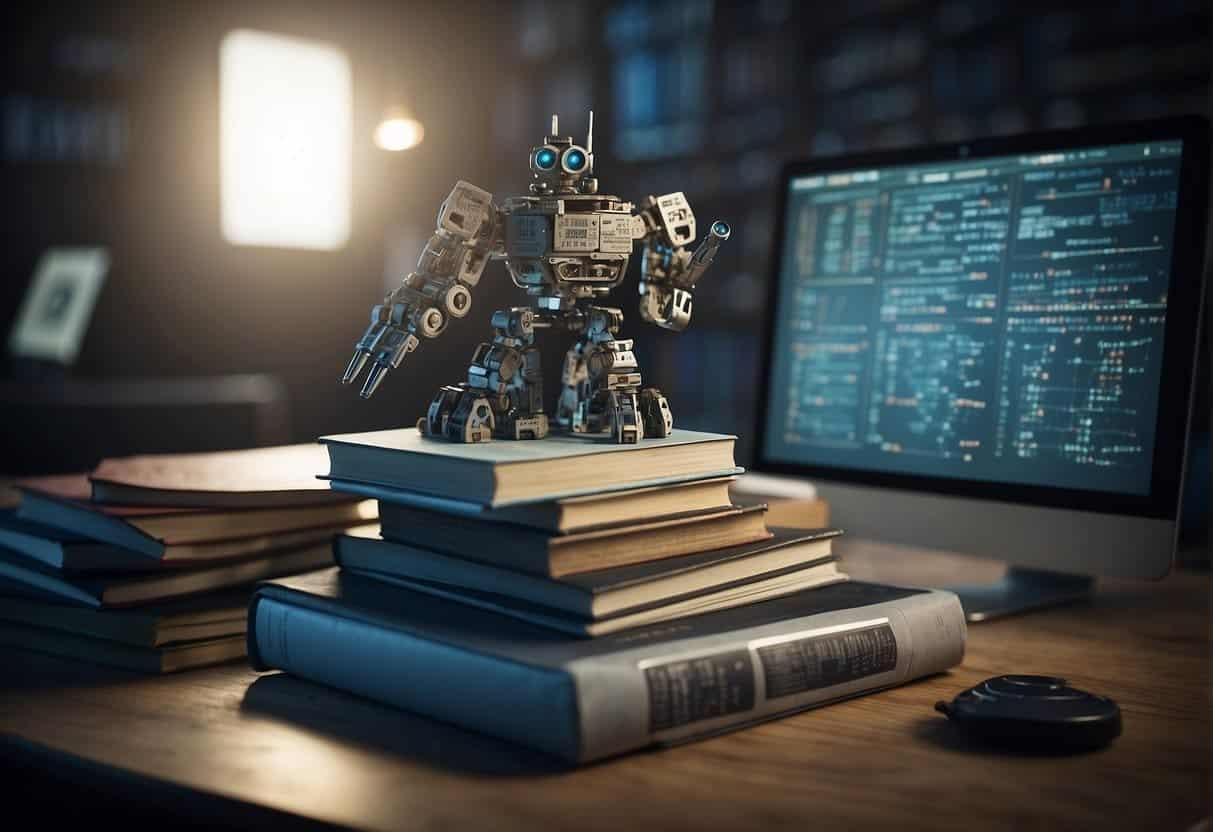 A stack of books with titles on AI, a computer with code on the screen, and a robot arm holding a pen, all surrounded by mathematical equations and diagrams