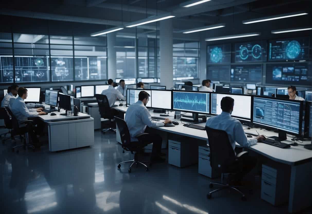 A bustling laboratory with AI algorithms displayed on screens, while engineers and scientists collaborate on various projects