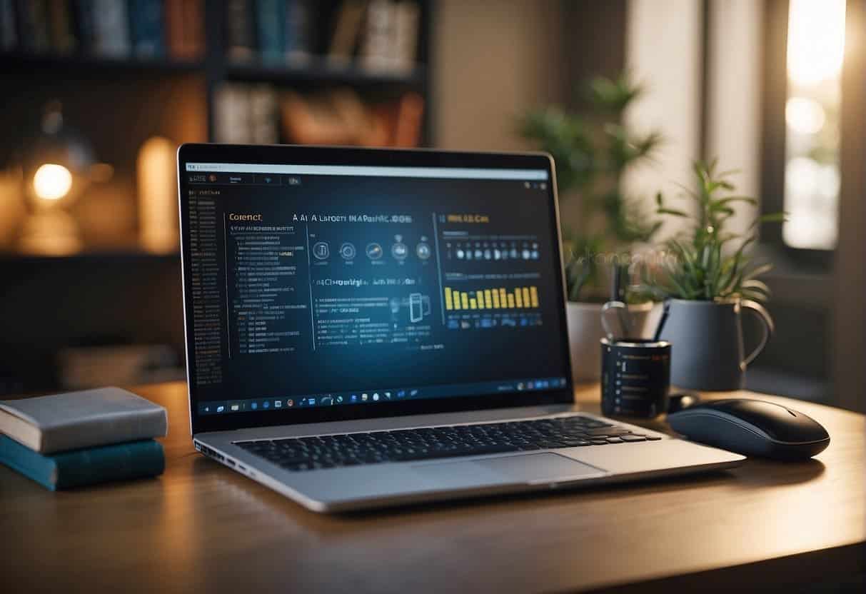 A computer with AI software open, books on AI, and a notepad with AI concepts written down