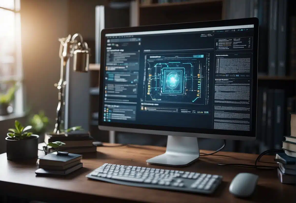A computer with AI training materials, books, and online resources displayed, surrounded by pathways leading to technical knowledge