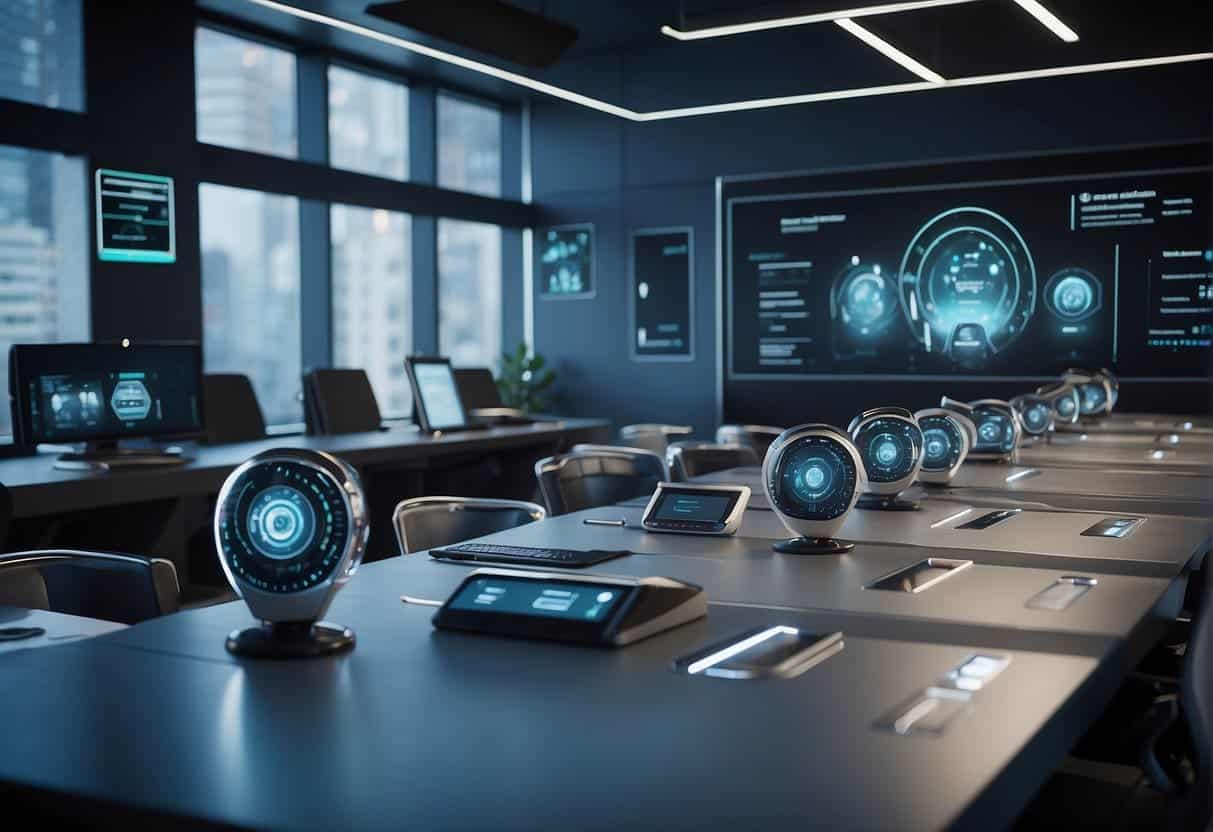 A futuristic classroom with AI training materials, interactive displays, and advanced technology. No human subjects or body parts included
