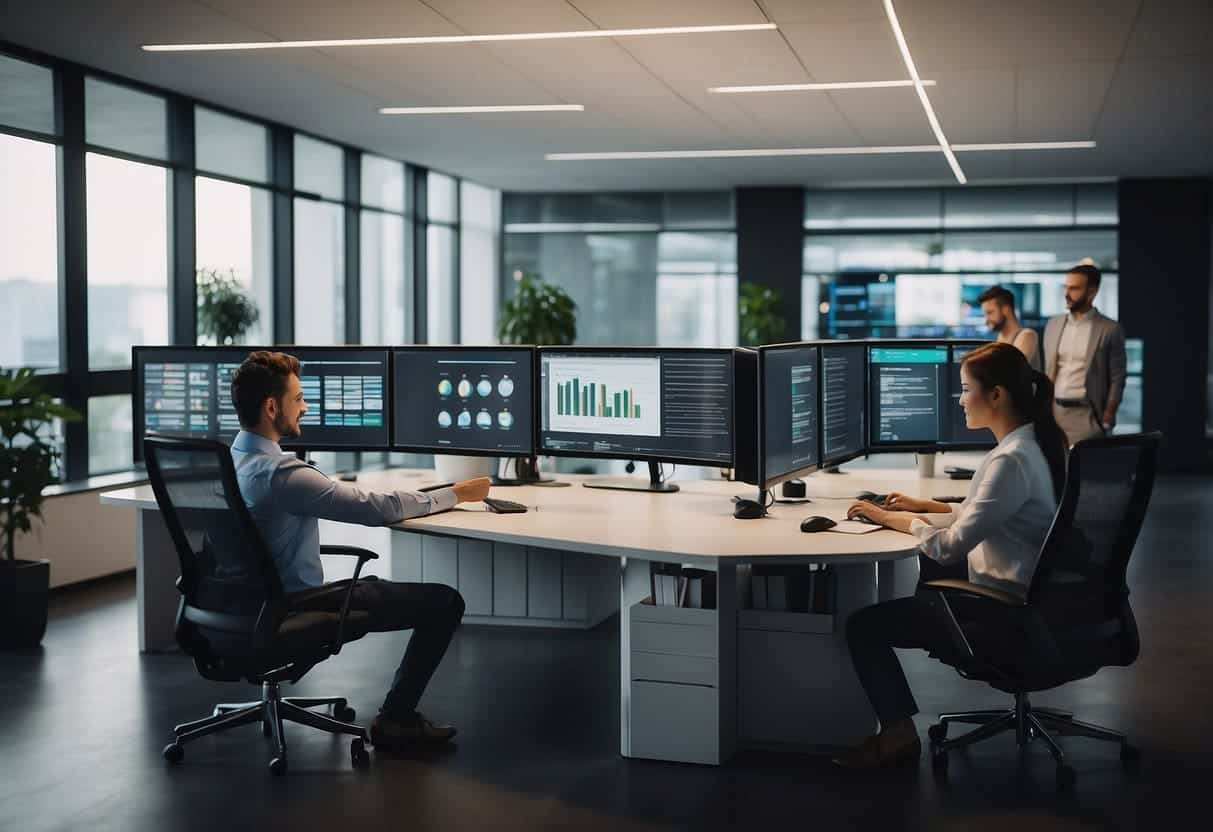 An office setting with AI technology displayed on screens and employees engaged in conversation, conveying the benefits of AI