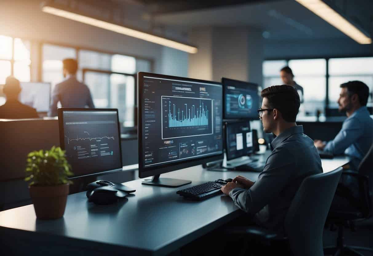 An office setting with a computer screen displaying AI benefits, while employees engage in conversation and collaboration