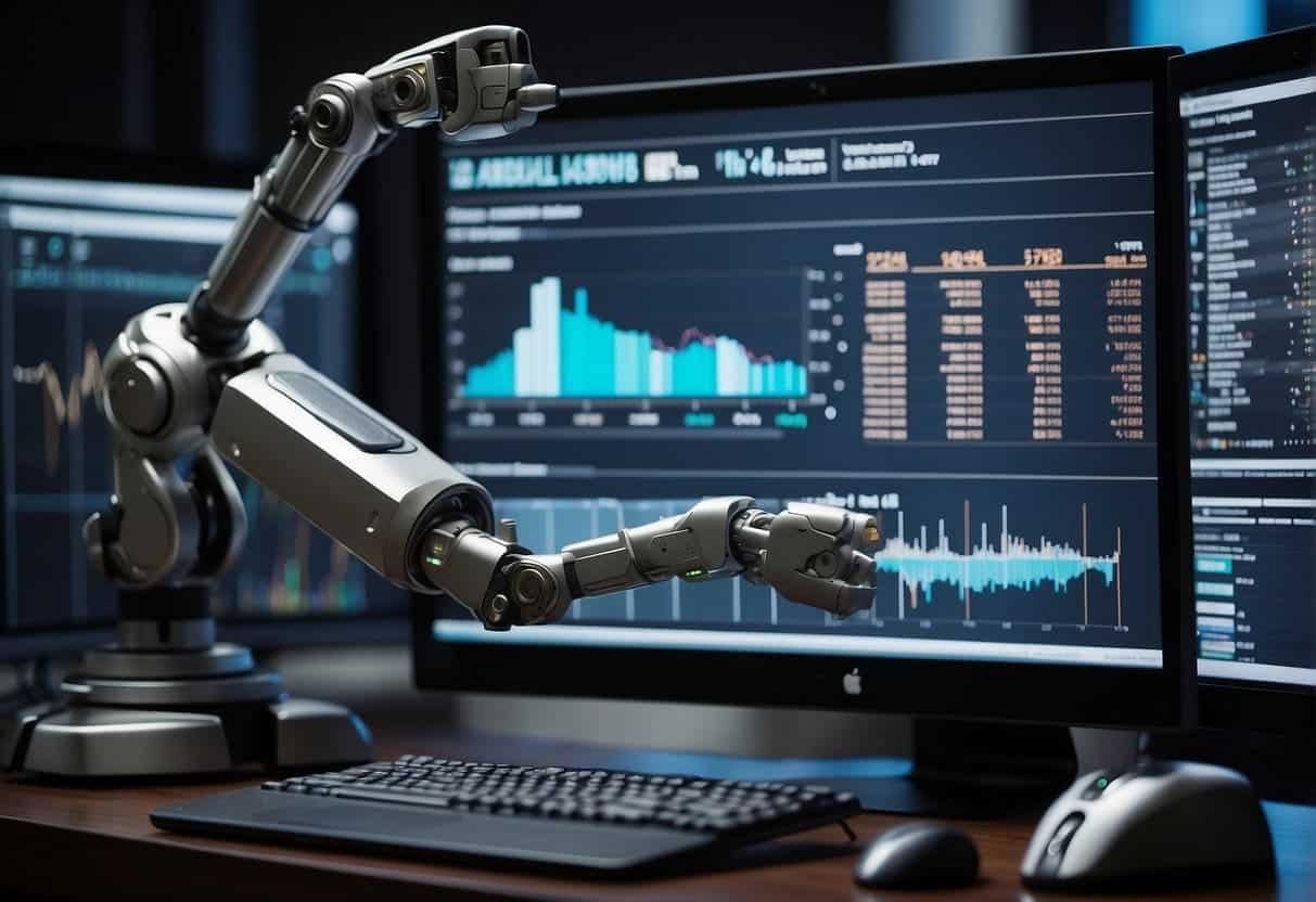 Using AI for Financial Forecasting - A computer screen displays graphs and charts, while a robotic arm inputs data into a financial forecasting and risk management software
