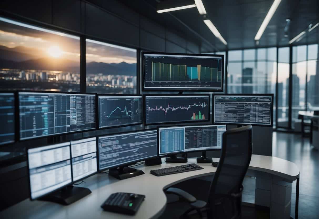 An AI system analyzes financial data, predicting trends and managing risks in a sleek, modern office setting with computer screens and data visualizations