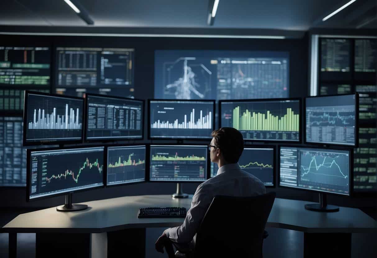 AI analyzes data on a computer screen, charts and graphs displayed. A financial report sits on the desk, while a risk management model is projected onto the wall