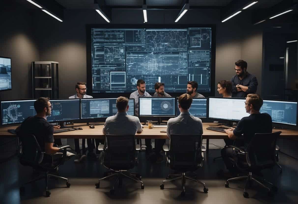 A group of engineers and designers brainstorming, surrounded by computer screens and prototypes. They are collaborating on AI technology for product development and innovation