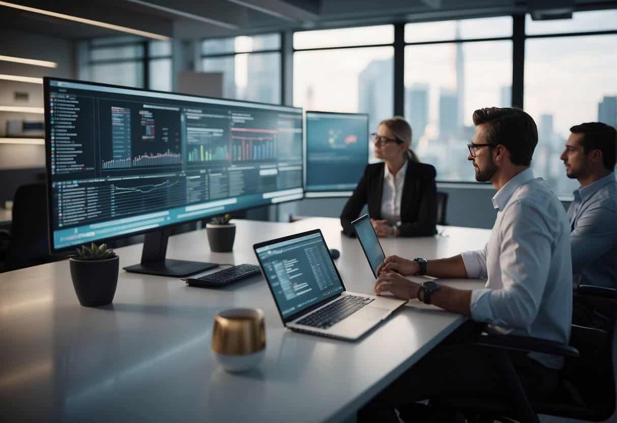 A modern office setting with a computer screen displaying "Frequently Asked Questions AI for Product Development and Innovation" and a group of professionals discussing ideas
