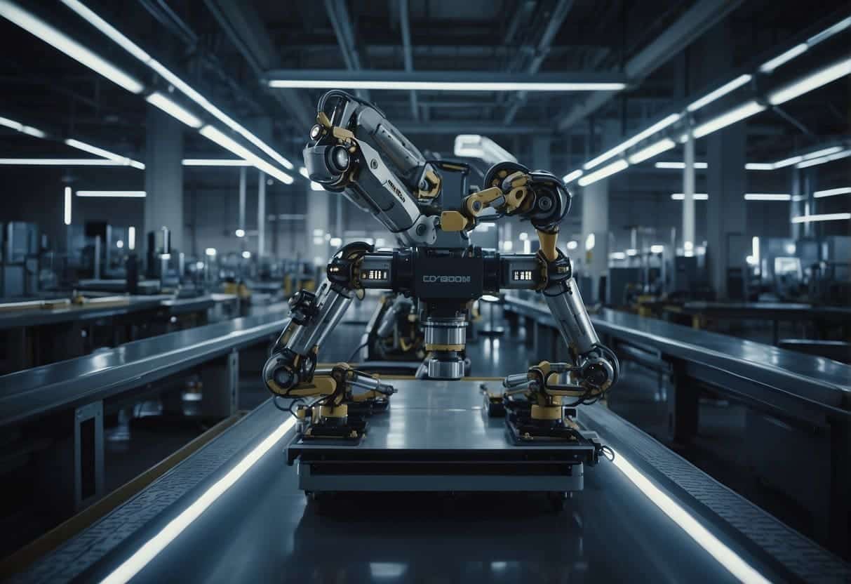 A futuristic factory floor with robotic arms inspecting and enhancing products, while AI algorithms analyze data for quality and security improvements