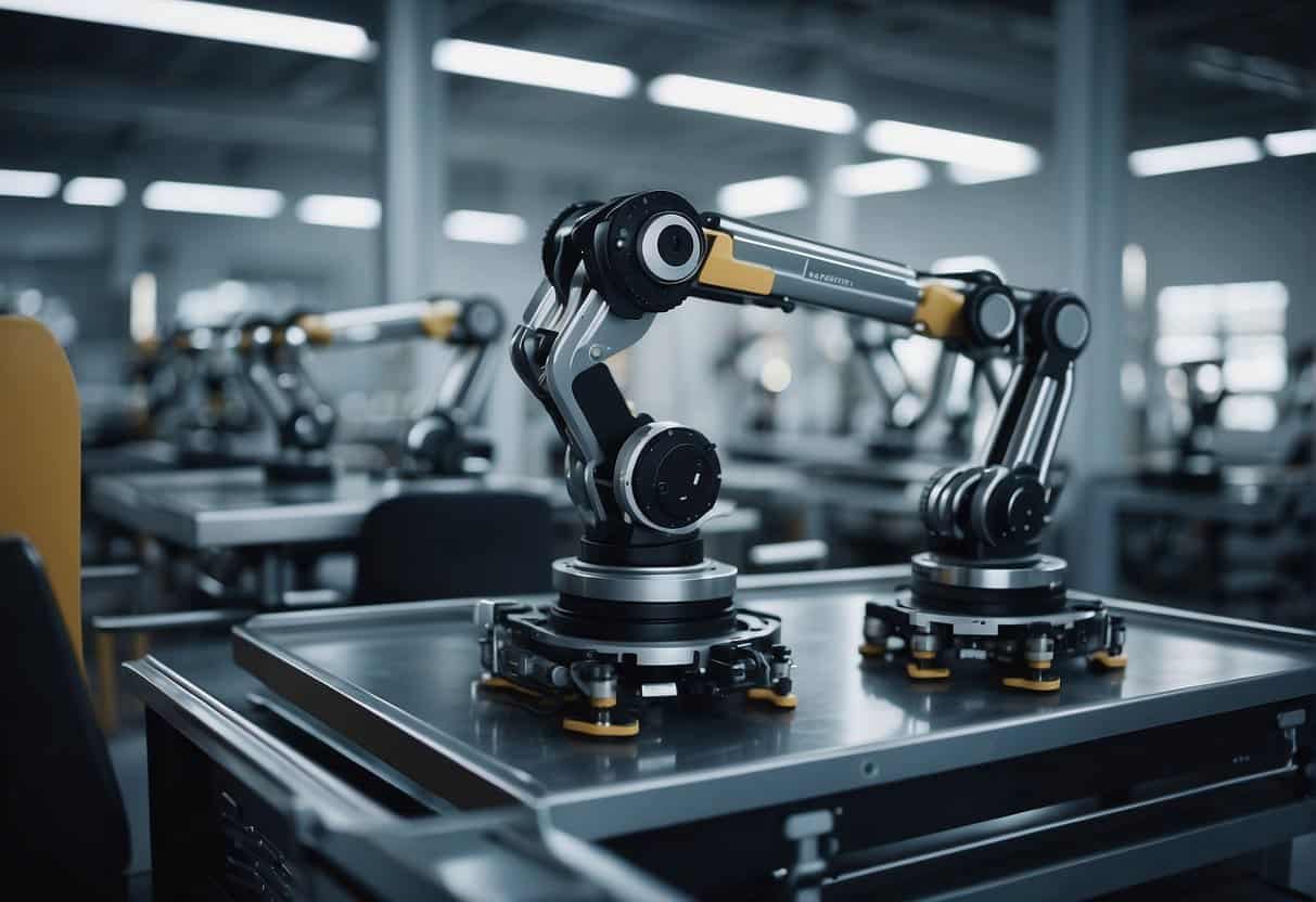 Robotic arms assemble products in a futuristic factory. AI algorithms optimize processes. Researchers brainstorm innovative ideas in a high-tech lab