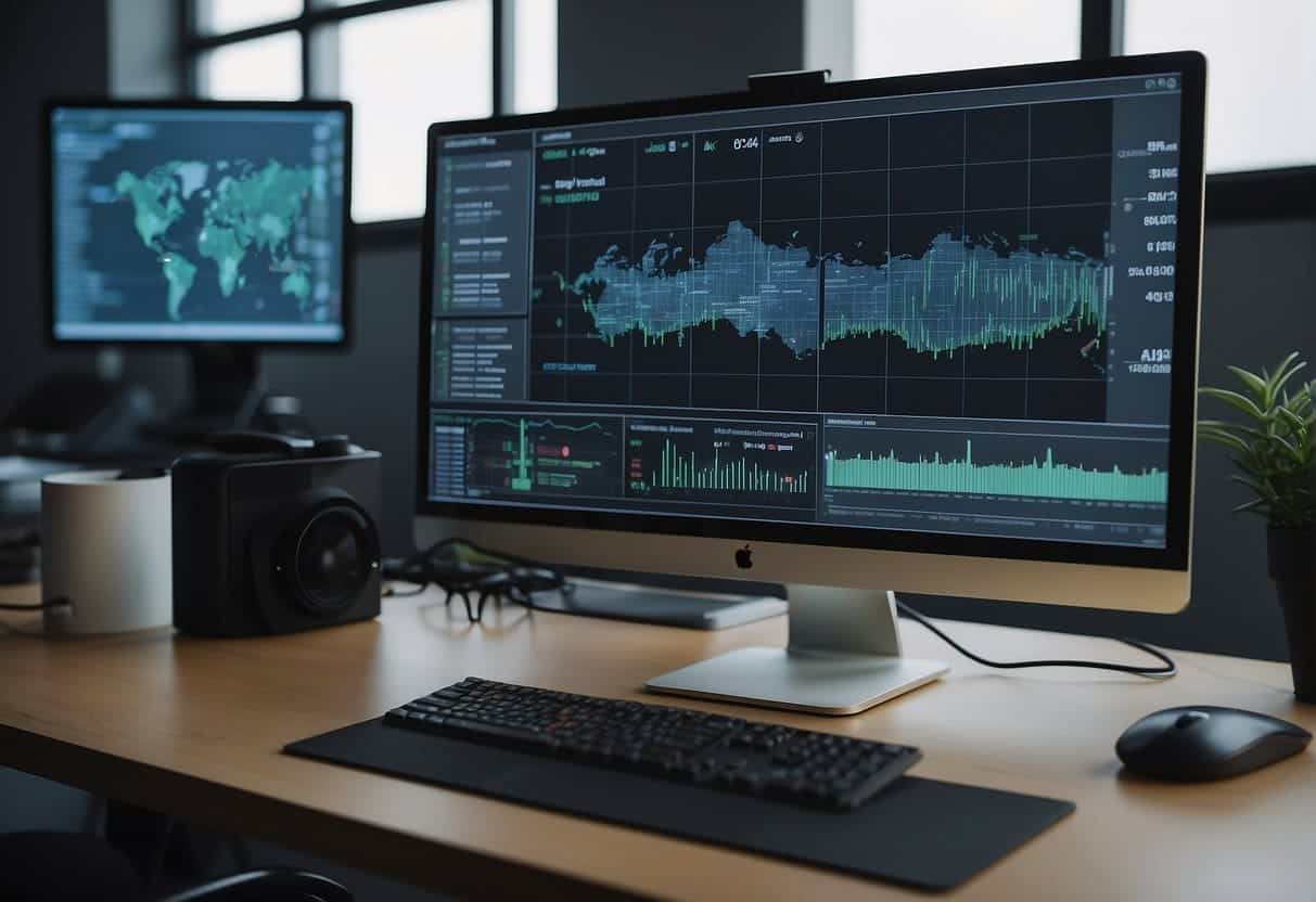 A small office with a computer monitor displaying AI algorithms analyzing data from various sources. A camera system captures real-world images for processing
