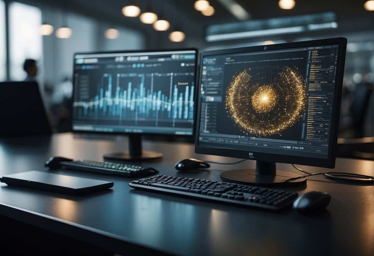 A computer with data handling and management software displayed on the screen, while a camera captures images for computer vision analysis