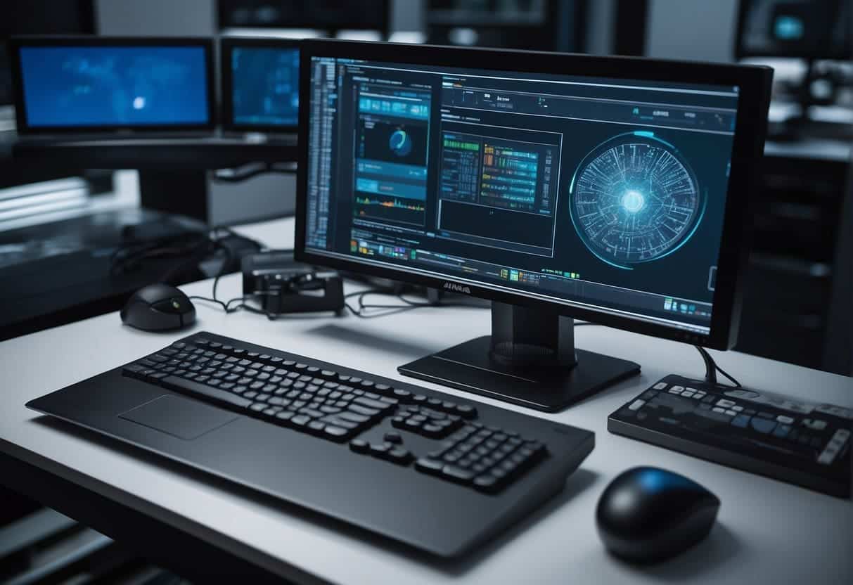 A computer with advanced hardware and software components, including a high-resolution monitor and AI-powered algorithms, is set up in a small enterprise office