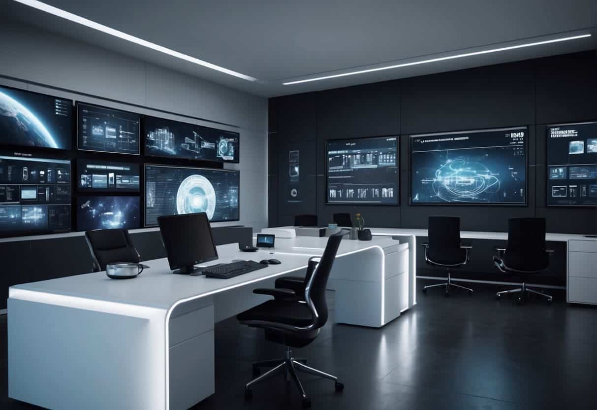 A small enterprise office with computer screens displaying AI-powered solutions for computer vision. The room is modern and sleek, with futuristic technology integrated into the workspace