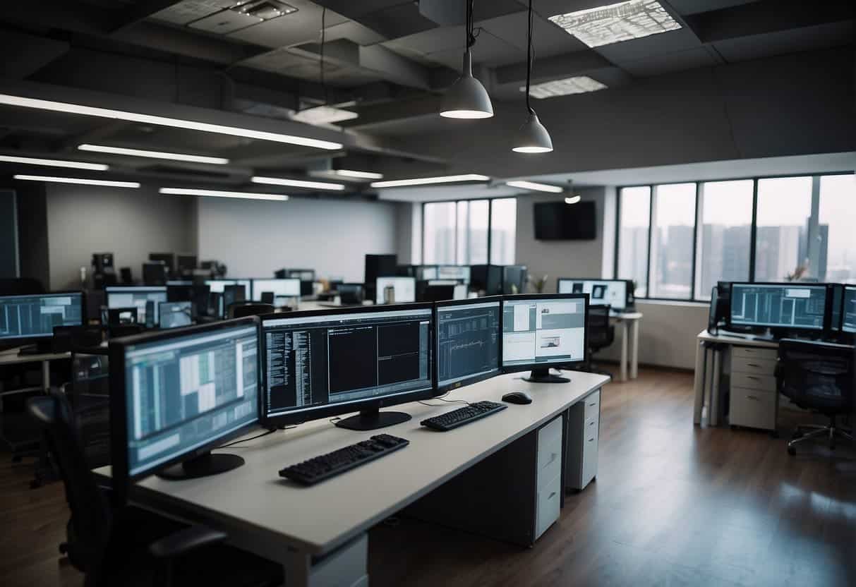 A small office with computers and cameras, showcasing the implementation of computer vision technology for AI solutions in small enterprises