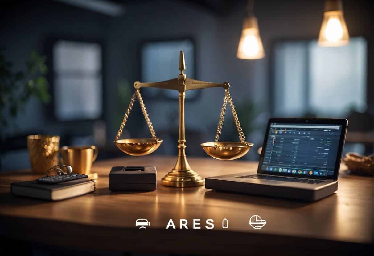A scene of two scales, one labeled "Ahrefs" and the other "SEMrush," with various SEO tools and features on each side, symbolizing the comparison for SEO professionals