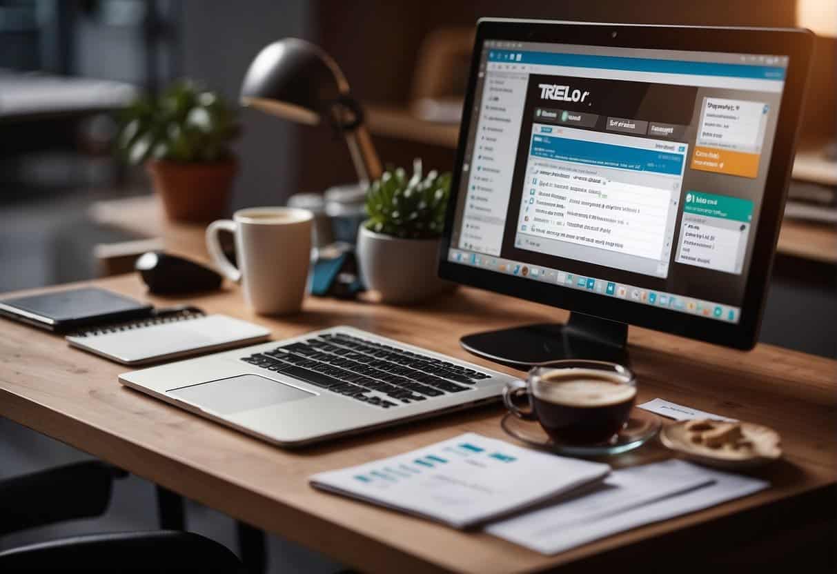 A computer screen displaying Trello with web design project tasks and deadlines, surrounded by design tools and a cup of coffee